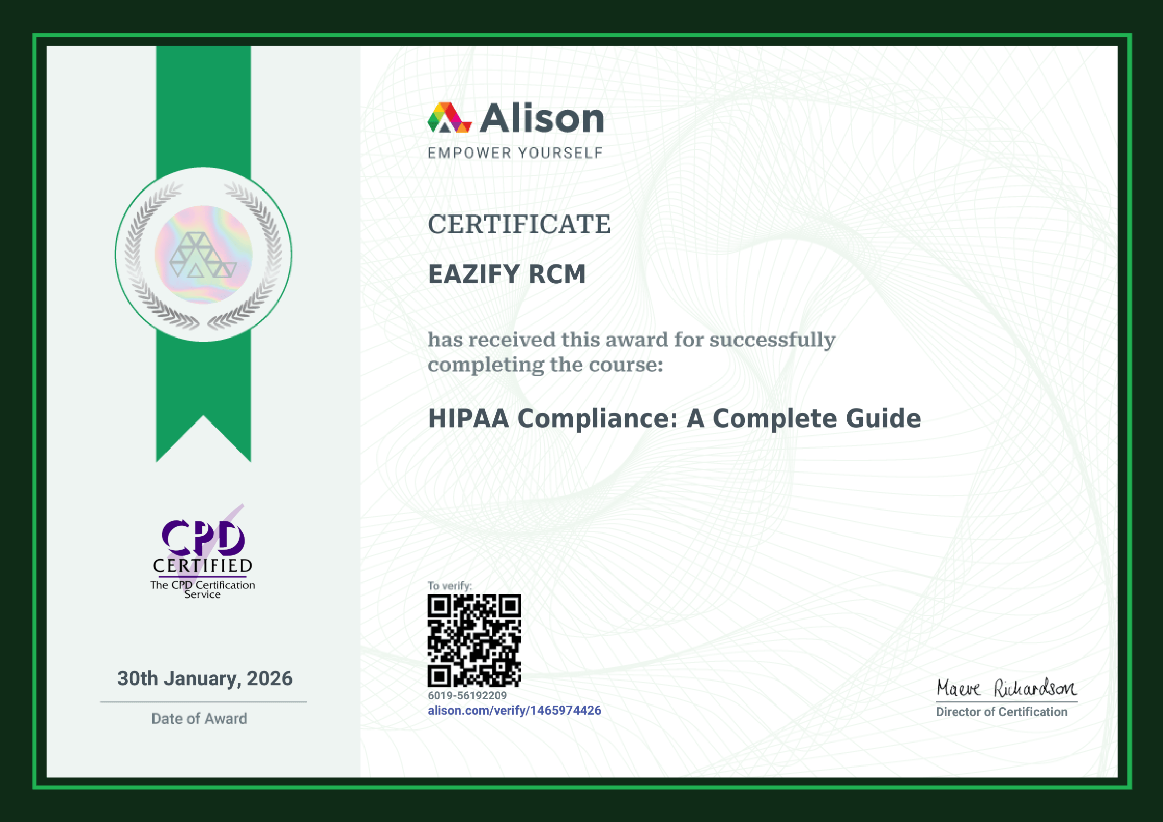 Eazify HIPAA Certificate